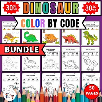 Preview of Dinosaur Color by Code Bundle | Dinosaur Color by Number | Numbers 0 to 20
