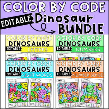 Preview of Dinosaur Color by Code Bundle Editable Worksheets
