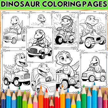 Preview of Dinosaur Coloring Pages - Coloring Sheets - Cute Fun Dinosaur Car Coloring Book