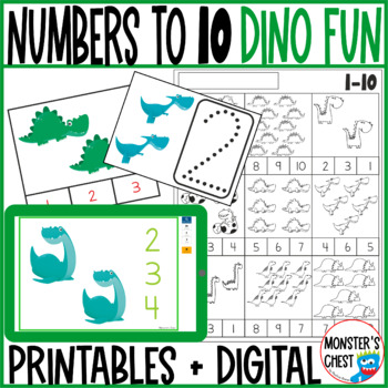Preview of Dinosaur Counting to 10 Task Cards Worksheets and Boom Cards