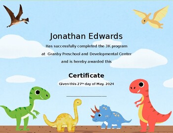 Preview of Dinosaur Dino Themed Preschool Diploma / Certificate 3k 4k 5k   Theme