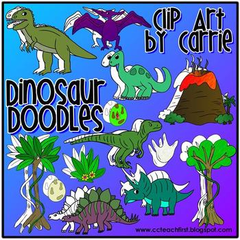 Preview of Dinosaur Doodles clip art (BW and full-color PNG images)