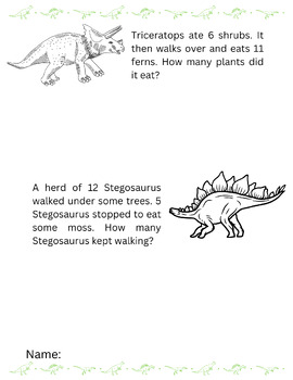 Preview of Dinosaur Early Math Word Problems within 20 - 1st Grade - Page 2