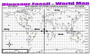 Preview of Dinosaur Fossil World Map (latitude / longitude) - questions / key / display