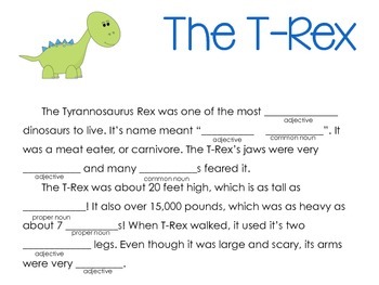 Preview of Dinosaur Mad Libs (Common and Proper Nouns, Adjectives)
