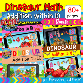 Preview of Dinosaur Math Addition within 10 for Preschool and Pre-K, BOOM Cards Bundle