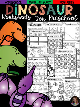 Preview of Dinosaur Math and Literacy Worksheets for Preschool (February)
