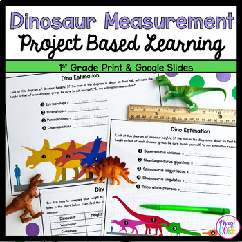 Preview of 1st Grade Measurement Dinosaur Project Based Learning Compare Estimate Lengths
