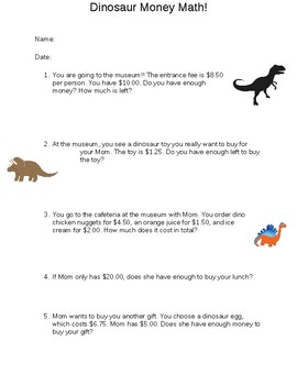 Preview of Dinosaur Money Word Problems