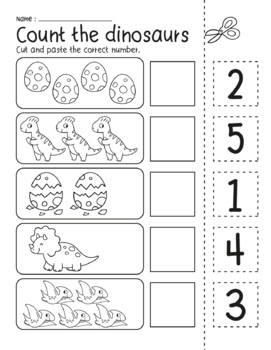 Dinosaur Number 1-5 Cut and Paste Match to 5 Worksheets Printables