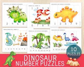 Preview of Dinosaur Number Strip Puzzles, Sequence, Order, Skip Counting  by 2s,5s and 10s