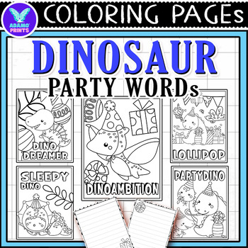 Preview of Dinosaur Party Words Coloring Pages & Writing Paper Activities NO PREP