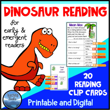 Preview of Dinosaur Activities: Dinosaur Reading Comprehension Passages Clip Cards