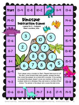 Free Dinosaur Math Subtraction Games: Subtraction Math Board Games