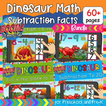 Preview of Dinosaur Subtraction Facts to 10, 20 for Preschool and Pre-K, BOOM Cards Bundle