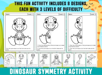 Preview of Dinosaur Symmetry Worksheet, Math Activities, Dinosaurs Lines of Symmetry