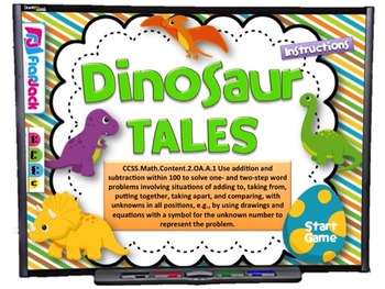 Preview of Dinosaur Tales Word Problems Smart Board Game (CCSS.2.OA.A.1)