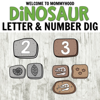 Preview of Dinosaur Theme Fossil Letters and Numbers Activities for Preschool Centers
