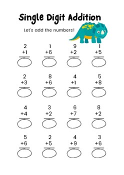 Dinosaur Theme Single Digit Addition Worksheet for Preschool - K 20 pages