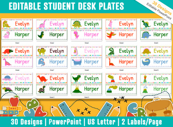 Preview of Dinosaur-Themed Student Desk Plates: 30 Unique Designs, Editable with PowerPoint