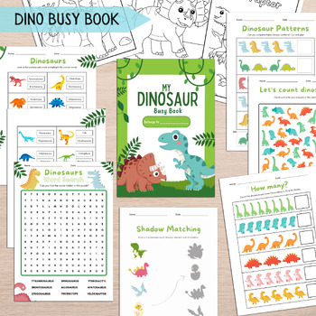 Preview of Dinosaur Toddler Busy Book, Jurassic Pre-K Worksheets, Develop Fine Motor Skills