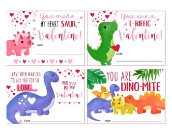 Dinosaur Valentine Card Printables - Set of 4 - Valentine Party - Cards