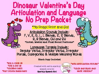 Preview of Dinosaur Valentine's Day Articulation and Language Packet No Prep! Print and Go!