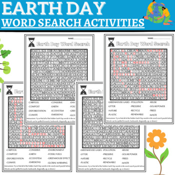 Preview of EARTH DAY Word Search Printable Worksheet Activity,April Activities