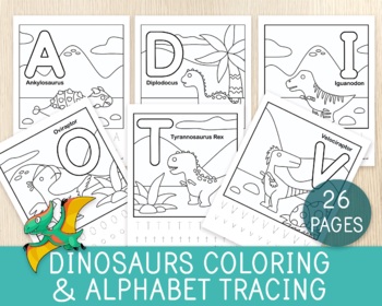 Preview of Dinosaurs Coloring & A-Z Alphabet Letter Tracing Worksheets,Handwriting Practice