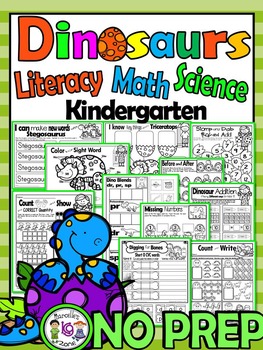 Preview of Dinosaurs Worksheets-Literacy, Math and Science dinosaur worksheets NO PREP CCSS
