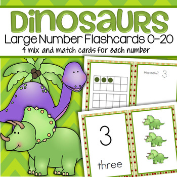 Preview of Dinosaurs Number Sense Large Flashcards - 4 Mix Match Cards for Each Number 0-20