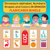 Dinosaurs Numbers 1-20, Alphabet, Shapes, Colors in spanish. flashcards bundle.