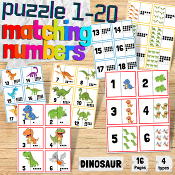 Preview of Dinosaurs Numbers 1 to 20 | 4 Types Matching Puzzles  For Kindergarten Kids