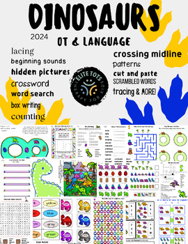 Preview of Dinosaurs-OT-language-puzzles-cut-crossword-trace-writing-fine motor-color