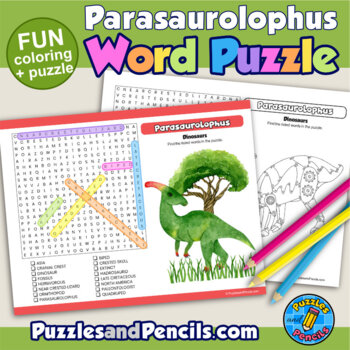 Preview of Dinosaurs Word Search Puzzle with Coloring Activity Page | Parasaurolophus