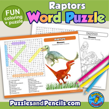Preview of Dinosaurs Word Search Puzzle with Coloring Activity Page | Raptors