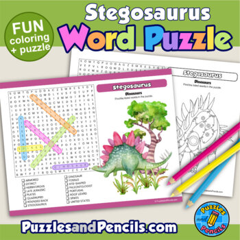 Preview of Dinosaurs Word Search Puzzle with Coloring Activity Page | Stegosaurus