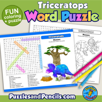 Preview of Dinosaurs Word Search Puzzle with Coloring Activity Page | Triceratops