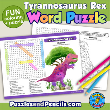 Preview of Dinosaurs Word Search Puzzle with Coloring Activity Page | Tyrannosaurus Rex