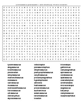 Preview of Dinosaurs from (Jurassic Park Movies) Word Search & KEY