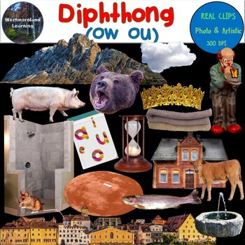 Preview of Diphthong OW OU Clip Art Phonics Photo & Artistic Digital Stickers