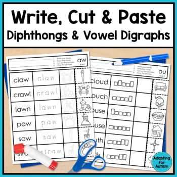 diphthong and vowel digraphs worksheets no prep write cut and paste