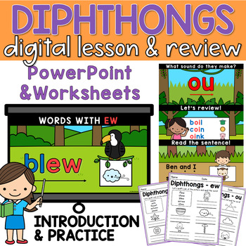 Preview of Diphthong Word List PowerPoint Lesson and Diphthongs Worksheets