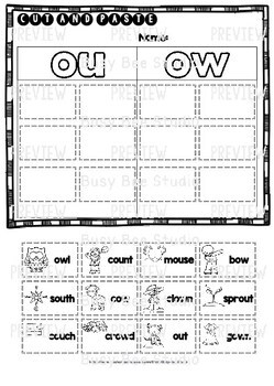 diphthongs ou and ow sorts cut and paste worksheets by busy bee studio