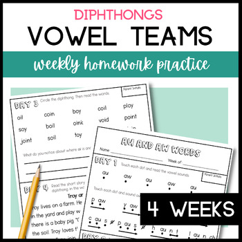 Preview of Diphthongs Vowels oi, oy, aw, au, ow, ou, oo, ew | Phonics Homework Worksheets