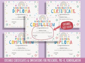 Preview of Diploma, Certificate, and Invitation Templates for Kindergarten and Preschool