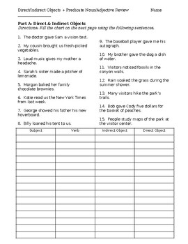 Preview of Direct/Indirect Objects & Predicate Noun/Adjective Review Worksheet