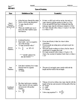 Preview of Direct, Inverse, Joint, and Combined Variation intro worksheet and practice