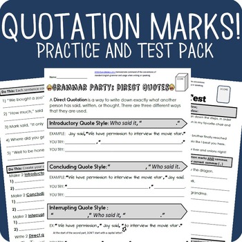 Preview of Quotation Marks Grammar Packet + Test (Digital Distance Learning Enabled!)