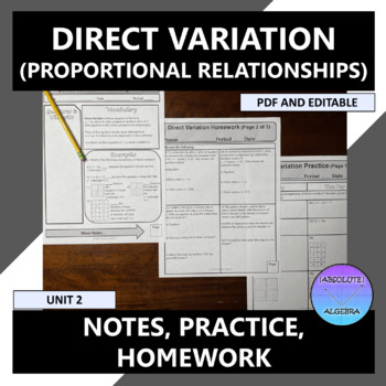 Preview of Direct Variation Proportional Relationships Notes Practice Homework Editable U2